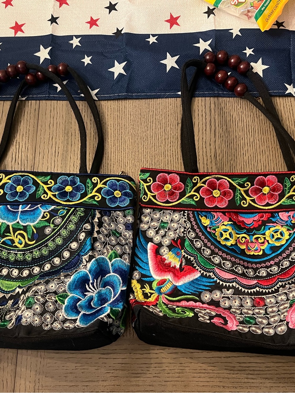 Embroidered Floral Tote Bags (2) - Black with Blue & Multicolor Embroidery